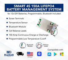 Load image into Gallery viewer, Smart BMS 4S 12V 150A Lithium Lifepo4 Battery Management with Balance Leads and Wireless Bluetooth Module - 4 Cells 12.8 Volts DIY Programmable