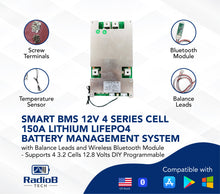 Load image into Gallery viewer, Smart BMS 4S 12V 150A Lithium Lifepo4 Battery Management with Balance Leads and Wireless Bluetooth Module - 4 Cells 12.8 Volts DIY Programmable