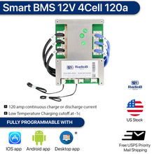 Load image into Gallery viewer, Smart BMS 4S 12V 120A Lithium Lifepo4 Battery Management with Balance Leads and Wireless Bluetooth Module - 4 Cells 12.8 Volts DIY Programmable