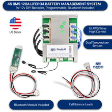 Load image into Gallery viewer, Smart BMS 4S 12V 120A Lithium Lifepo4 Battery Management with Balance Leads and Wireless Bluetooth Module - 4 Cells 12.8 Volts DIY Programmable