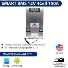 Load image into Gallery viewer, Smart BMS 4S 12V 150A Lithium Lifepo4 Battery Management with Balance Leads and Wireless Bluetooth Module - 4 Cells 12.8 Volts DIY Programmable