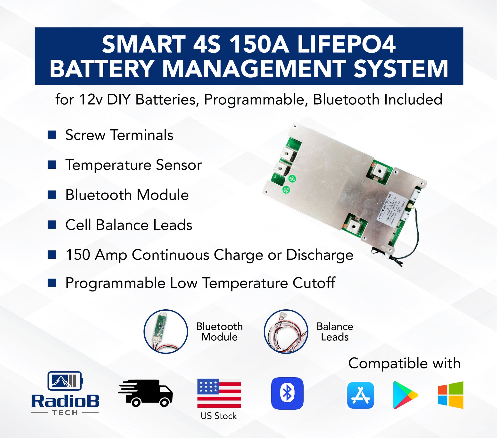 Smart BMS 4S 12V 150A Lithium Lifepo4 Battery Management with Balance Leads  and Wireless Bluetooth Module - 4 Cells 12.8 Volts DIY Programmable