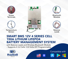 Load image into Gallery viewer, Smart BMS 4S 12V 150A Lithium Lifepo4 Battery Management with Balance Leads and Wireless Bluetooth Module - 4 Cells 12.8 Volts DIY Programmable
